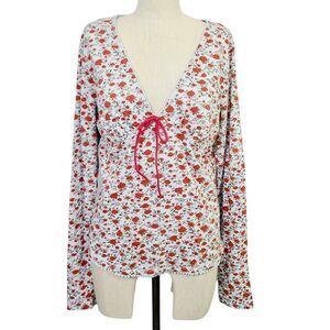 NEW Free People Abundance Top XL Red White Knit‎ Floral Roses V-Neck Long Sleeve